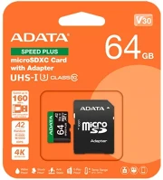 A-data 160/140 Memóriakártya microsdxc 64gb + adapter speed plus uhs-i u3 (160/140) kép