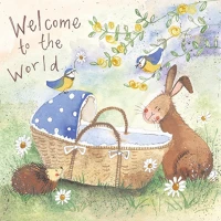 Alex clark AC564 Képeslap  borítékkal, 14x14 cm, nyuszi és madarak bölcsővel kép