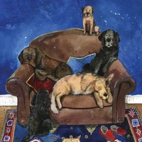Alex clark AC871 Képeslap  borítékkal, 14x14 cm, kutyusok fotelben kép