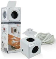 Allocacoc 1407/DEEUPC Allocacoc PowerCube Extended Elosztó (4 aljzat + 2 USB csatlakozó) 3 m kábel - Fehér-szürke kép