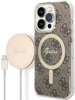 Apple GUBPP14LH4EACSW Guess 4g print magsafe  iphone 14 pro hátlap tok, barna + magsafe töltő kép