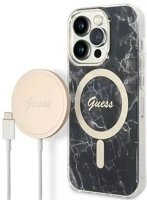 Apple GUBPP14LHMEACSK Guess marble magsafe  iphone 14 pro hátlap tok, fekete + magsafe töltő kép