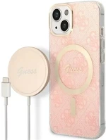 Apple GUBPP14MH4EACSP Guess 4g print magsafe  iphone 14 plus hátlap tok, pink + magsafe töltő kép