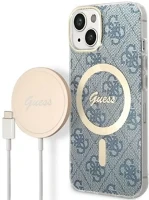 Apple GUBPP14SH4EACSB Guess 4g print magsafe  iphone 14 hátlap tok, kék+ magsafe töltő kép