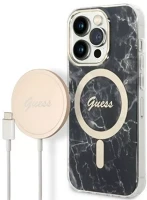 Apple GUBPP14XHMEACSK Guess marble magsafe  iphone 14 pro max hátlap tok, fekete + magsafe töltő kép