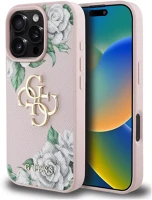 Apple GUHCP16LPGROP4MP Guess pu grained roses 4g metal logo iphone 16 pro hátlap tok, rózsaszín kép