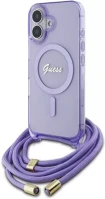 Apple GUHMP16SHCTSGNSU Guess crossbody cord script iphone 16 magsafe hátlap tok karpánttal, lila kép