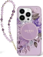 Apple GUHMP16SHFWBRCESU Guess iml flowers iphone 16 kemény hátlap tok karpánttal, lila kép