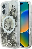 Apple GUHMP16SLFMWTE Guess liquid glitter flower iphone 16 magsafe kemény hátlap tok, bézs kép