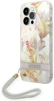 Apple GUOHCP14LHFLSU Guess flower strap iphone 14 pro hátlap tok, lila kép