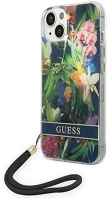 Apple GUOHCP14SHFLSB Guess flower strap  iphone 14 hátlap tok, kék kép
