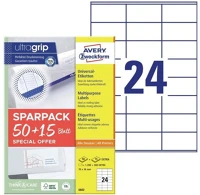 Avery 65 LAP, 24 Etikett címke, 70x36mm, univerzális, 65 lap, 24 címke/lap , fehér kép