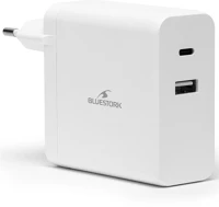 Bluestork PW-NB-65-C-W Hálózati töltő -  (usb-c, usb-a, 65w, 1.8m kábel, fehér) kép