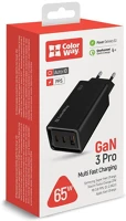 Colorway CW-CHS039PD-BK usb töltő adapter, gan3 pro power delivery (usb-a + 2 usb type-c) (65w) kép