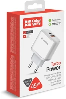 Colorway CW-CHS042PD-WT Usb töltő adapter, power delivery port pps usb (type-c pd + usb qc3.0) (45w) white () kép