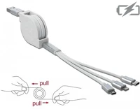 Delock 85850 3 az 1-ben visszahúzható fehér usb töltokábel 8 tus- / micro-usb- / usb type-c végzodéssel kép