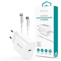 Devia ST109568 GaN PD+QC fehér hálózati gyorstöltő adapter + Type-C/Lightning kábel kép