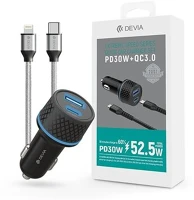 Devia st354670 Devia szivargyújtós töltő adapter usb + type-c bemenettel + lightning - type-c  kábel - 52,5w - devia extreme speed series quick car charger set pd 30w + qc 3.0- fekete