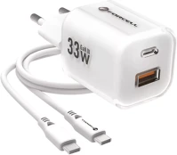 Forcell GAN III VT-41 USB-C-USB-A hálózati töltő adapter szilikon kábellel, 33w, fehér kép