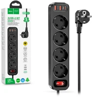 Hoco HOC0281 Hálózati elosztó 4 kimenetes tápelosztó aljzattal, 20w type-c pd3.0 és 18w 2xusb-a qc3.0 gyorstöltő kimenettel - fekete kép