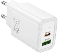 Hoco N63_W N63 hálózati töltő usb+type-c aljzat 30w, pd gyorstöltő 3.0, fehér kép