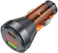 Hoco NZ12B ORANGE Autós töltő usb+type-c aljzat (48w, pd gyorstöltő, led kijelző) narancssárga kép