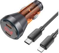 Hoco PD60W autós töltő 2 x usb-c qc 30w digitális kijelzővel, usb-c kábellel kép