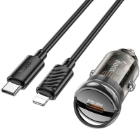 Hoco PT6942007611268 autós gyorstöltő, 30w + fekete lightning / type-c (usb-c) kábel kép
