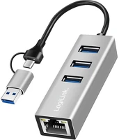 Logilink UA0440 Usb 3.2 gen 1 hub, 3x usb-a, 1x rj45, 2 az 1-ben csatlakozókábel, ezüst kép