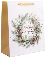 Qx 370375 Iris boldog karácsonyt koszorú papírtasak matt fehér/arany 26*32 cm kép
