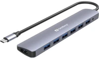 Sandberg 136-40 Usb hub - usb-c to 7 x usb 3.0 hub (bemenet: usb-c, kimenet: 7x usb-a 3.0, 18cm, ezüst) kép