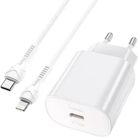 Hoco PT6931474760074 fehér hálózati gyors töltőfej 25w + type-c (usb-c) / lightning kábel kép
