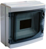 Tracon EDFKIP65-8/1 1×8 mod/ h×w×d=210×215×100mm/ ip65/ 660v ac átlátszó ajtóva/ n/pe sínnel falon kívüli e kép