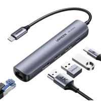 Ugreen 4K@60HZ, USB HUB hdmi 2.0, ethernet, 3x usb-a, usb-c, 100w, szürke kép