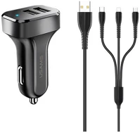 Usams NTU35YTSC13TZ univerzális autós töltő adapter fekete (lightning/microusb/usb-c kábel) kép