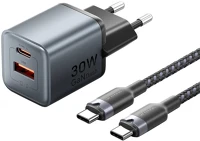 Vention TZ-FEWH0-EU Gan usb-c+a 30w töltő + usb-c kábel 1m szürke kép