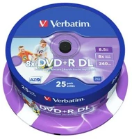 Verbatim COR_DVDV-8DLB25N dvd+r lemez, kétrétegű, nyomtatható, no-id, 8,5gb, 8x, 25 db, hengeren kép