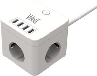 Well EXTS-3S3M-PROT/USB4-WL WELL Hálózati elosztó 3-as, Powercube, 4x USB-A, kapcsolóval, 3m, fehér kép