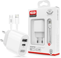 Xo TF-0203 hálózati töltő adapter type-c + usb bemenettel + type-c - lightning kép